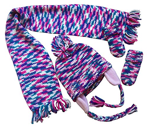 N'Ice Caps Infants Unisex Multi Color Knitted Hat/Scarf/Mitten Set (12-18 months, pink/fuchsia/purple/turq/white multi)