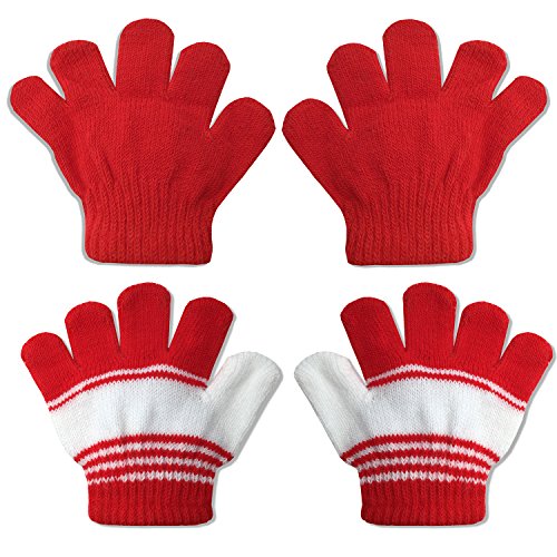 2 Pair Pack Infant to Toddler Baby Gloves Stretchy Knit Warm Winter (Ages 0-3) (Red/Red Stripe)