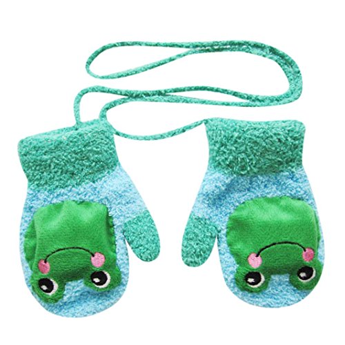 Hongxin Toddler Baby Cute Thicken Cartoon Winter Warm Animal Pattern Gloves Mittens With String (Green)