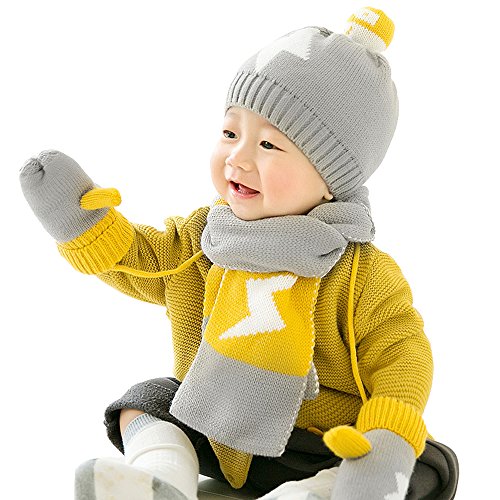 Urberry Wool Knitted Hat Scarf Gloves Set for Babies Kids Toddlers 0-12Month (Grey)
