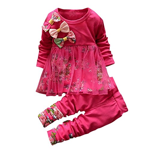 Baby Clothes Set, PPBUY Toddler Girls Floral T-shirt Dress + Pants 2PCS Outfits (18-24M, Hot Pink)