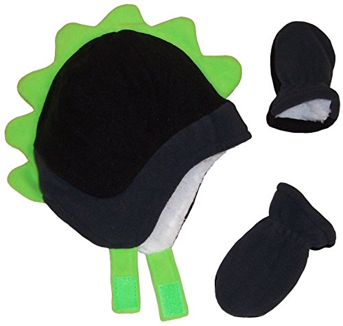 N'Ice Caps Boys Soft Sherpa Lined Micro Fleece Dino Hat and Mitten Set (12-18mos, Infant - Black/Charcoal/Neon Green)