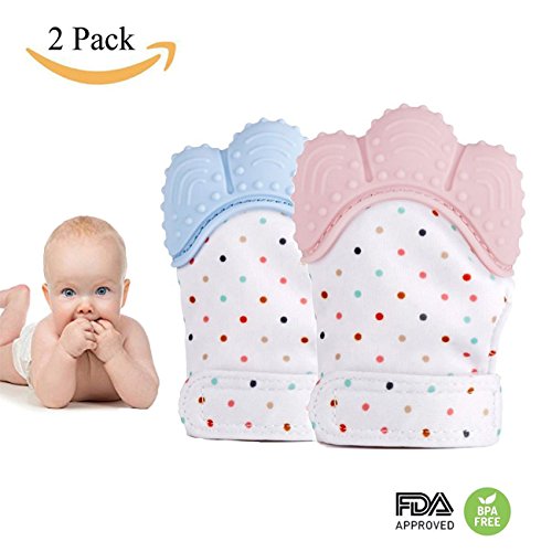 Baby Teething Mitten, Self Soothing Pain Relief Teether Toy Mitten Teether Gloves Food Grade Silicon BPA Free For Babies, Toddlers, Infants, Boy and Girl-2 Pack