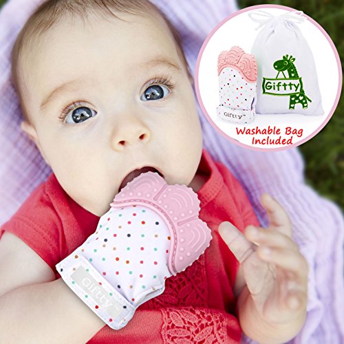 Baby Teething Mitten by Giftty, Self Soothing Teether & Teething Pain Relief Toy, Prevent Scratches Glove Stay on Babys Hand, for 0-6 months Baby Girl (1-Pack, Pink)