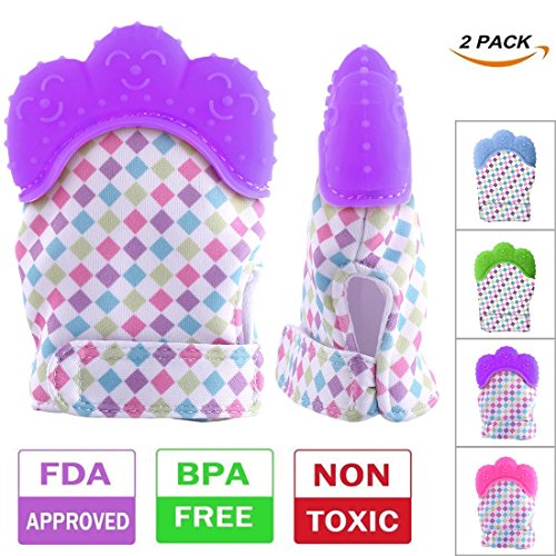 Teething Mitten, Hmane 1 Pair /2pcs Baby Self-soothing Teether Gum Pain Relife Protective Glove for Toddlers FDA Approved - (Purple)
