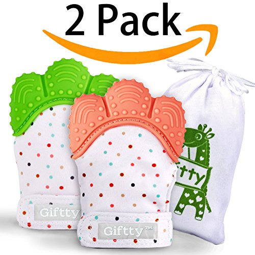 Baby Teething Mittens Self Soothing Pain Relief Mitt, Stimulating Teether Toy, Stay on Baby‘s Hand Prevent Scratches Protection Glove with Travel Bag, 0-6 Months Unisex (2 Pack Green+Orange)