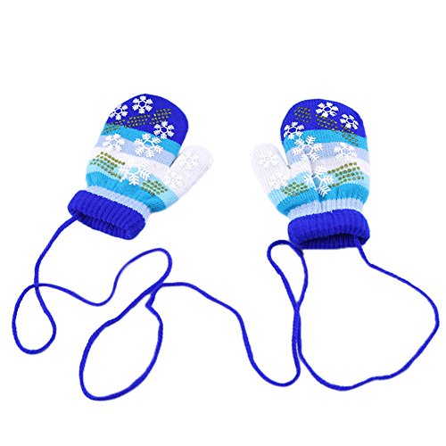 Winter Children Kids Girls Boys Knit Mittens Glove, Ocaler Multi-color Warmer Crochet Soft Mitten Lanyard Rope Flower Gloves (blue)