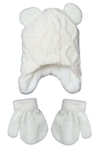 Girls Toddler Infants Cute Warm Hat and Glove 2 pcs Accessories Set (1-12 months, White with Fleece lining and Earflaps Set)TWHG23088/GNF323088AZ