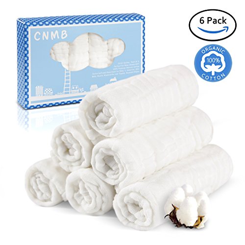 CNMB Baby Washcloths Organic Cotton- Natural Reusable Baby Wipes - Soft Newborn Baby Face Towel and Wash cloth for Sensitive Skin,12x12 inches,6 Packs