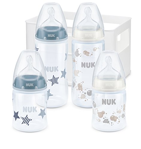 NUK First Choice+ Babyflaschen Starter Set, mit 4 Babyflaschen inklusiv Silikon-Trinksaugern & Flaschenbox, 2x 150ml & 2x 300ml, BPA-frei, 0-6 Monate, Blau (Boy)