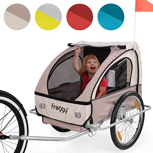FROGGY Kinder Fahrradanhänger mit Federung + 5-Punkt Sicherheitsgurt Radschutz Anhänger für 1 bis 2 Kinder Design Safari